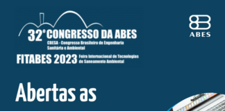 Card de divulgação das inscrições de trabalhos técnicos no 32º Congresso da ABES. Imagem de fundo azul, com imagem de notebook em destaque.